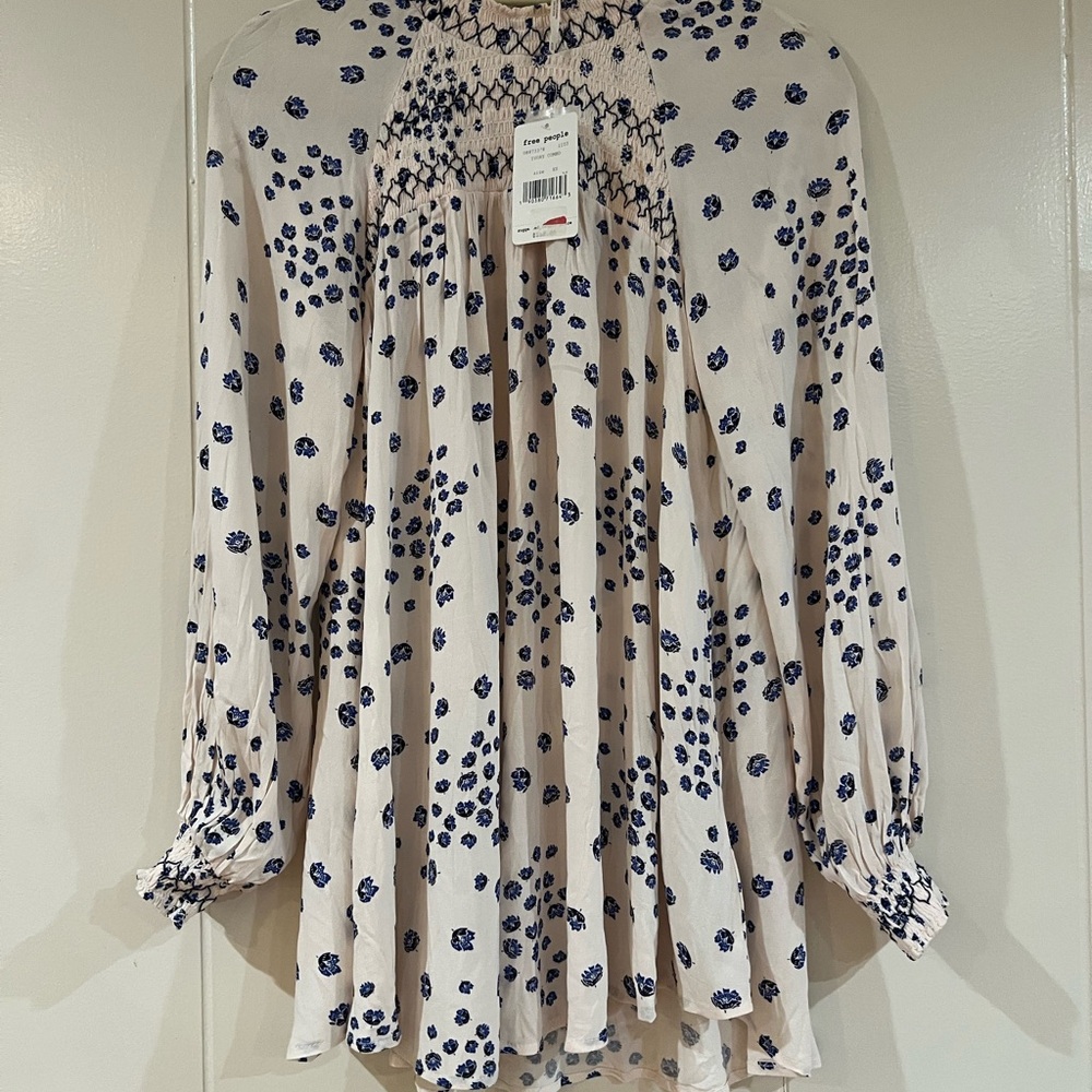 Free People Cream and Blue Floral Blouse
